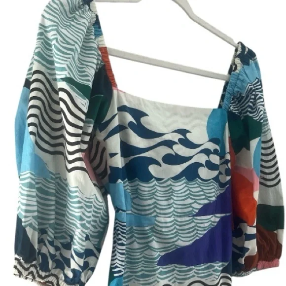 Oliphant Dress Puffed Sleeve Cutout Bow Cotton Abstract Mini Size Small - Picture 3 of 12